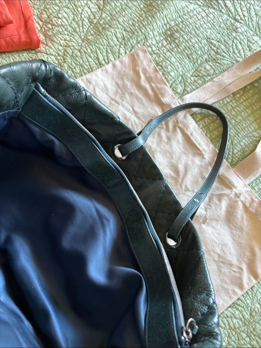 Authentic CHANEL Quilted Leather Tote in Deep Green with Silver Hardware